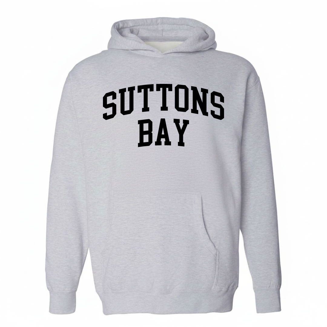 Heather-gray hoodie with the Suttons Bay varsity arched lettering design on the chest.