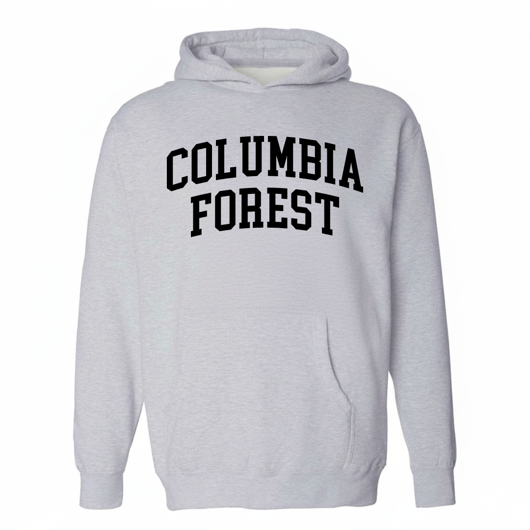 Heather-gray hoodie with the Columbia Forest arched lettering varsity-collegiate design on the chest.