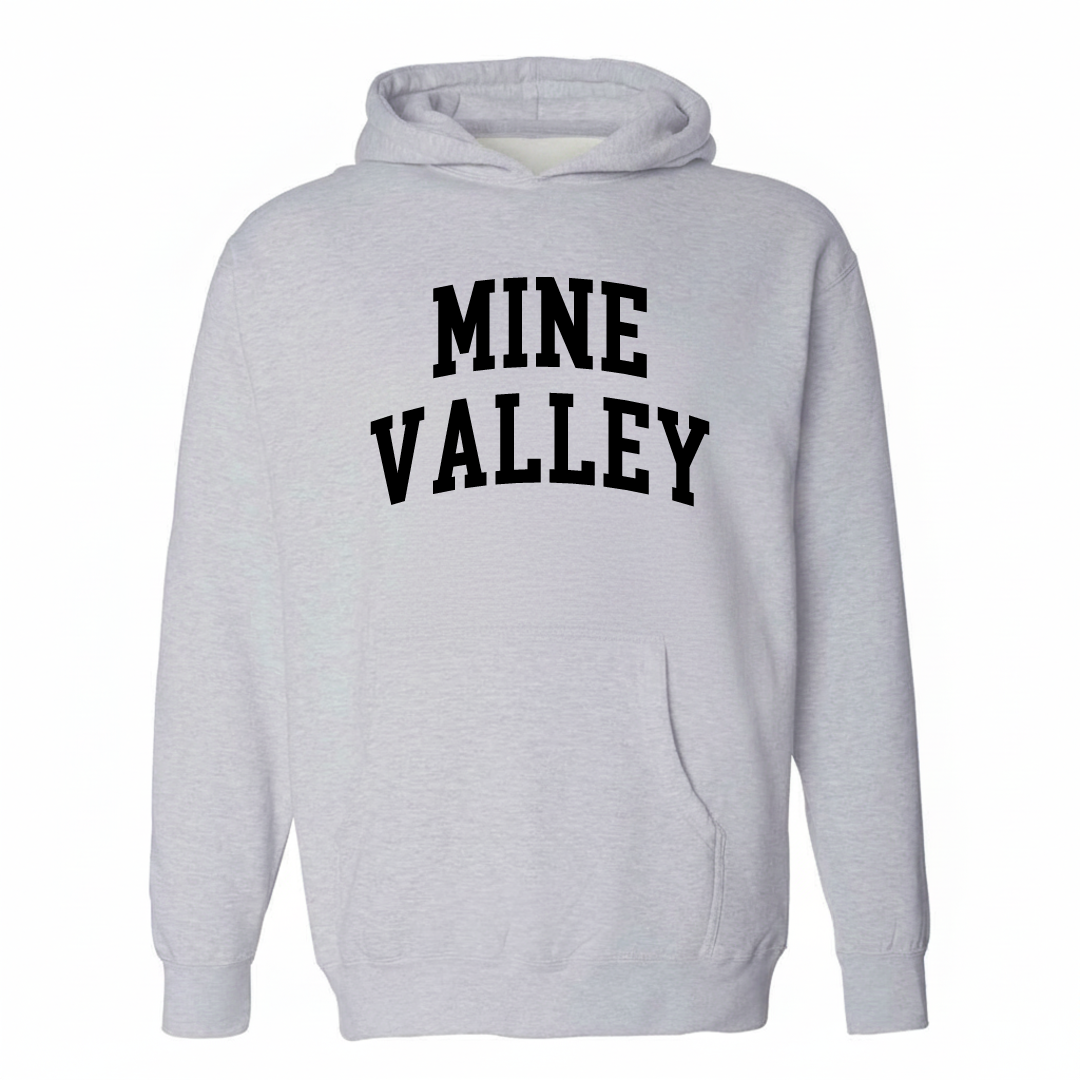 Heather-gray hoodie with the Mine Valley varsity arched lettering design on the chest.
