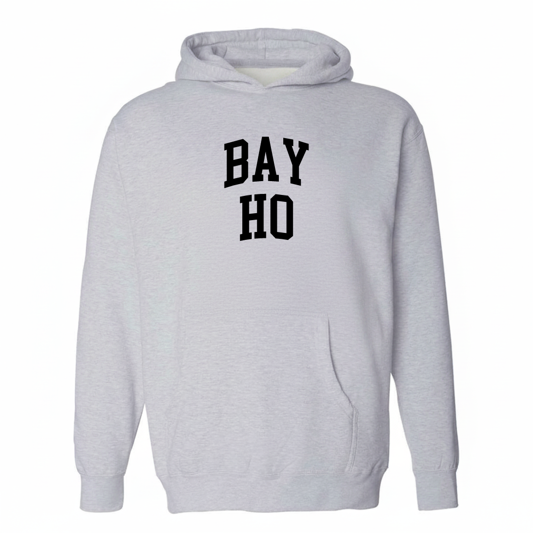 Heather-gray hoodie with the Bay Ho varsity arched lettering design on the chest.