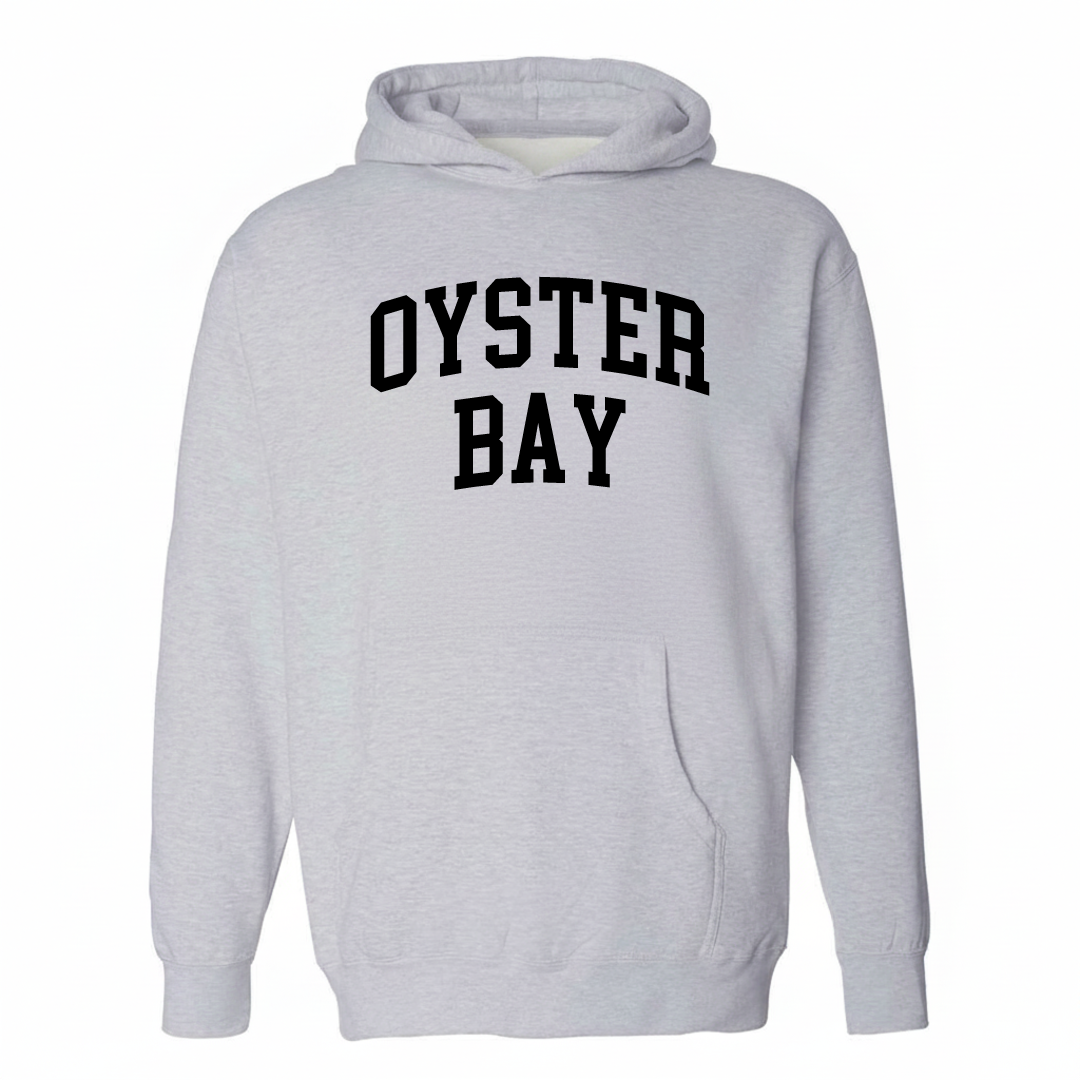 Heather-gray hoodie with the Oyster Bay varsity arched lettering design on the chest.