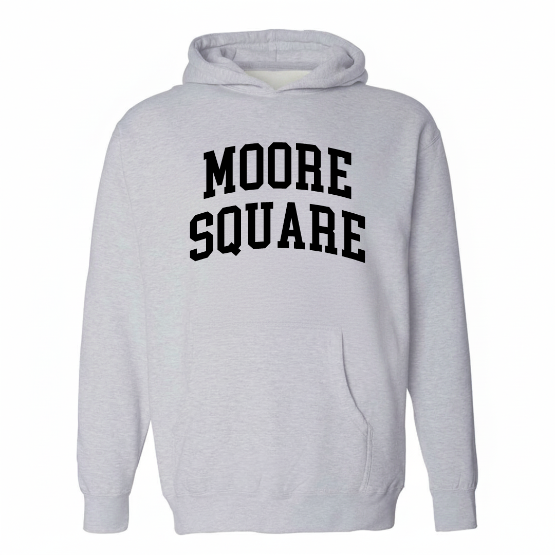 Heather-gray hoodie with the Moore Square varsity arched lettering design on the chest.