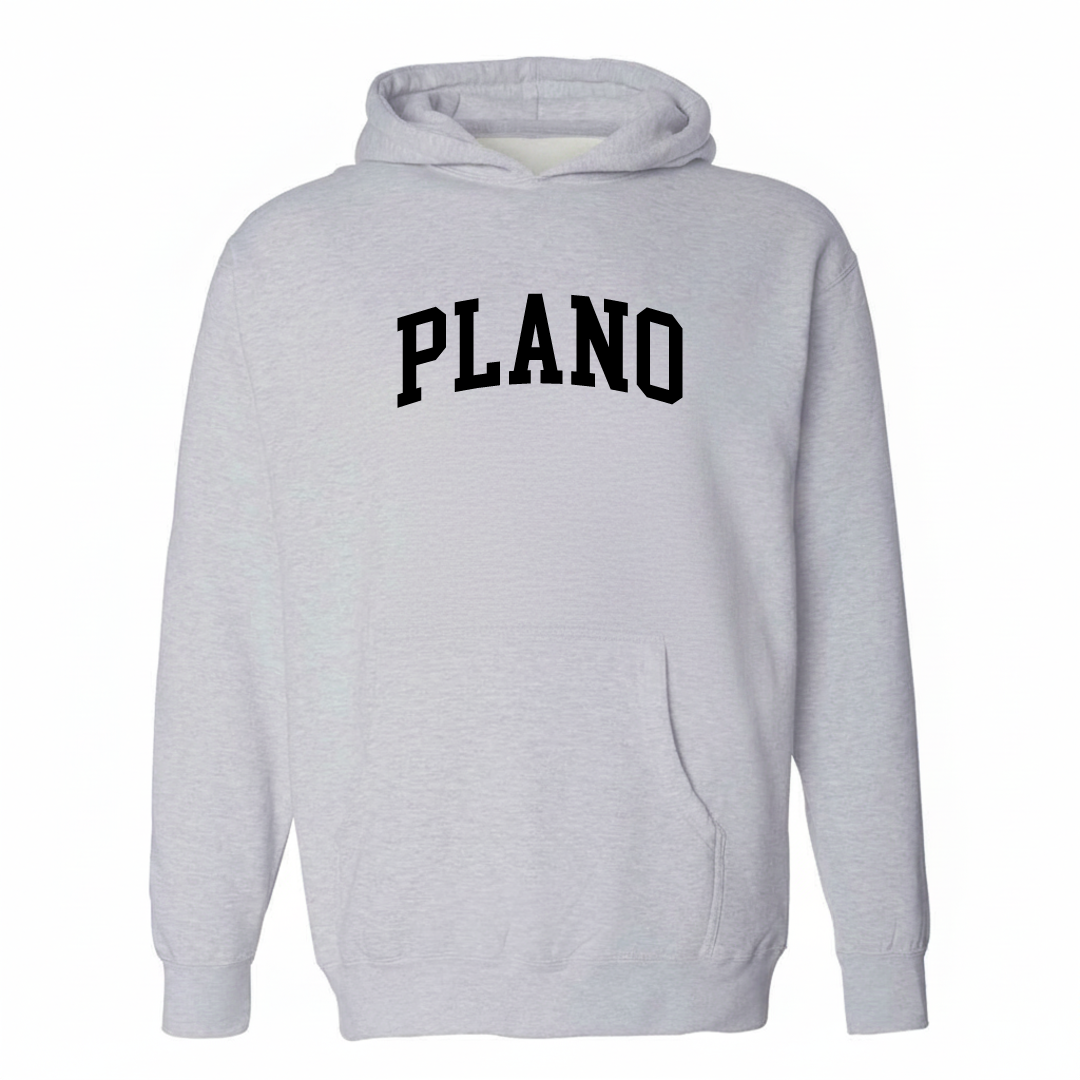 Heather-gray hoodie with the Plano arched lettering design on the chest.