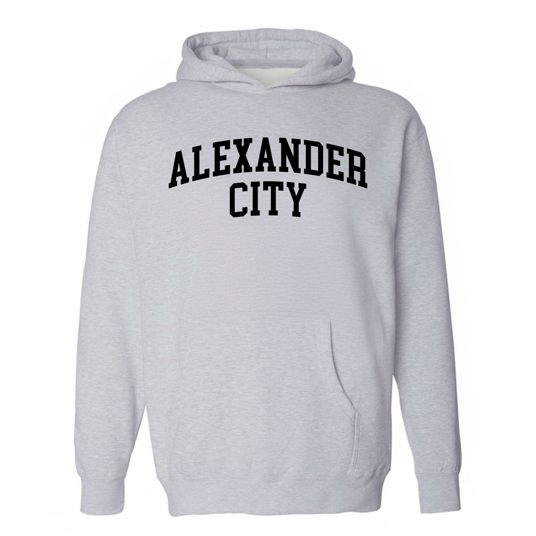 Heather-gray hoodie with the Alexander City arched varsity lettering design on the chest.
