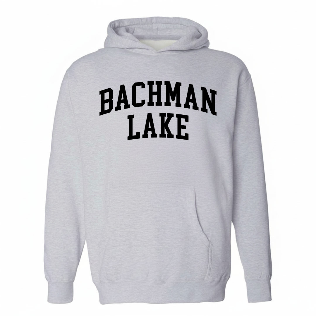 Heather-gray hoodie with the Bachman Lake varsity arched lettering design on the chest.