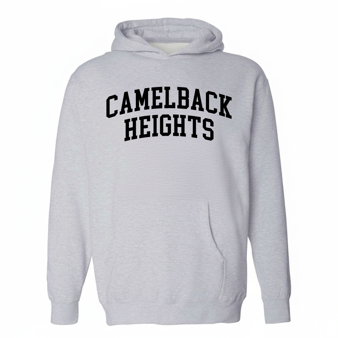 Heather-gray hoodie with the Camelback Heights varsity arched lettering design on the chest.