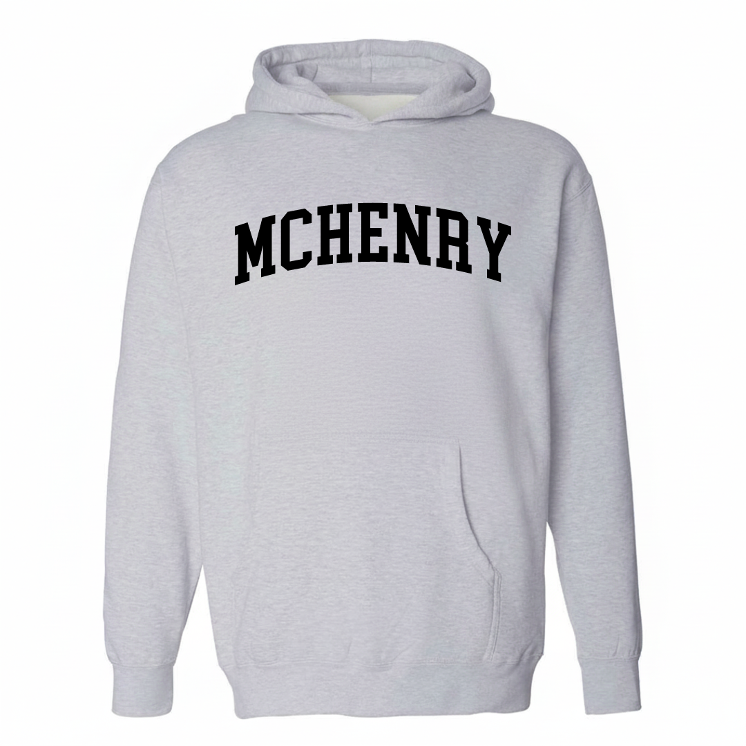 Heather-gray hoodie with the McHenry varsity arched lettering design on the chest.