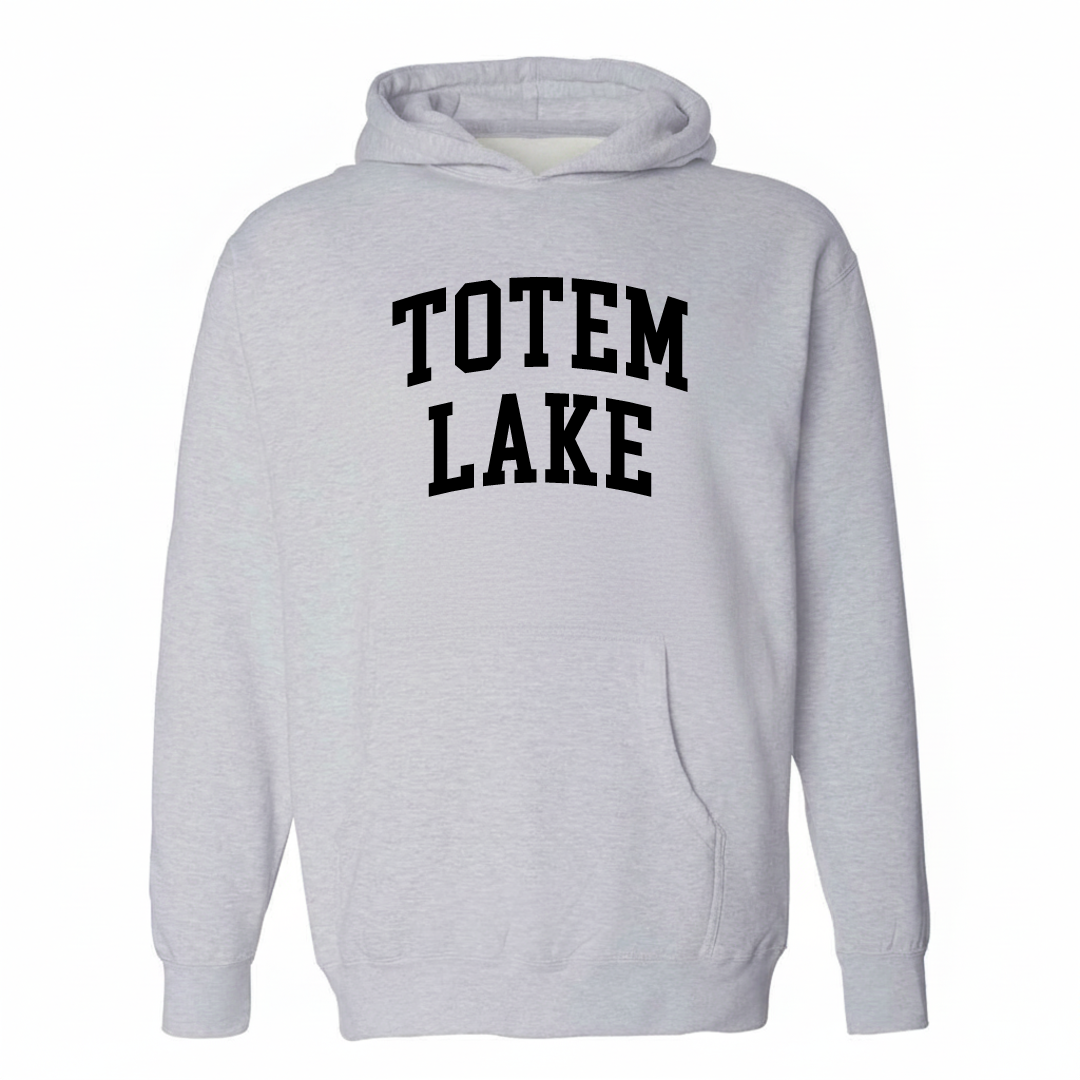 Heather-gray hoodie with the Totem Lake varsity arched lettering design on the chest.