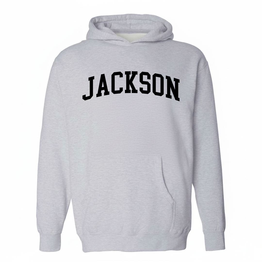 Heather-gray hoodie with the Jackson, Alabama varsity arched lettering design on the chest.