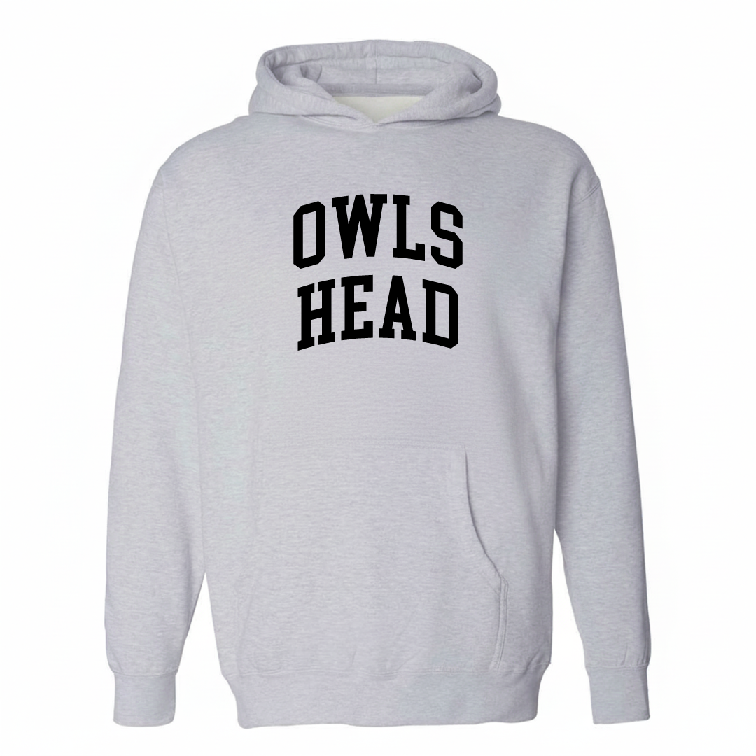 Heather-gray hoodie with the Owls Head varsity arched lettering design on the chest.