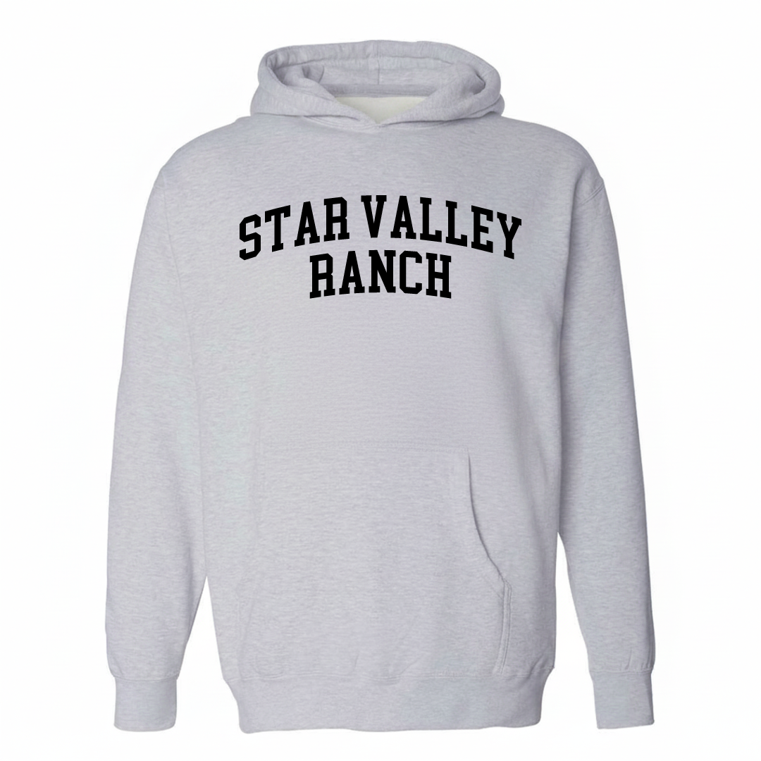 Heather-gray hoodie with the Star Valley Ranch varsity arched lettering design on the chest.