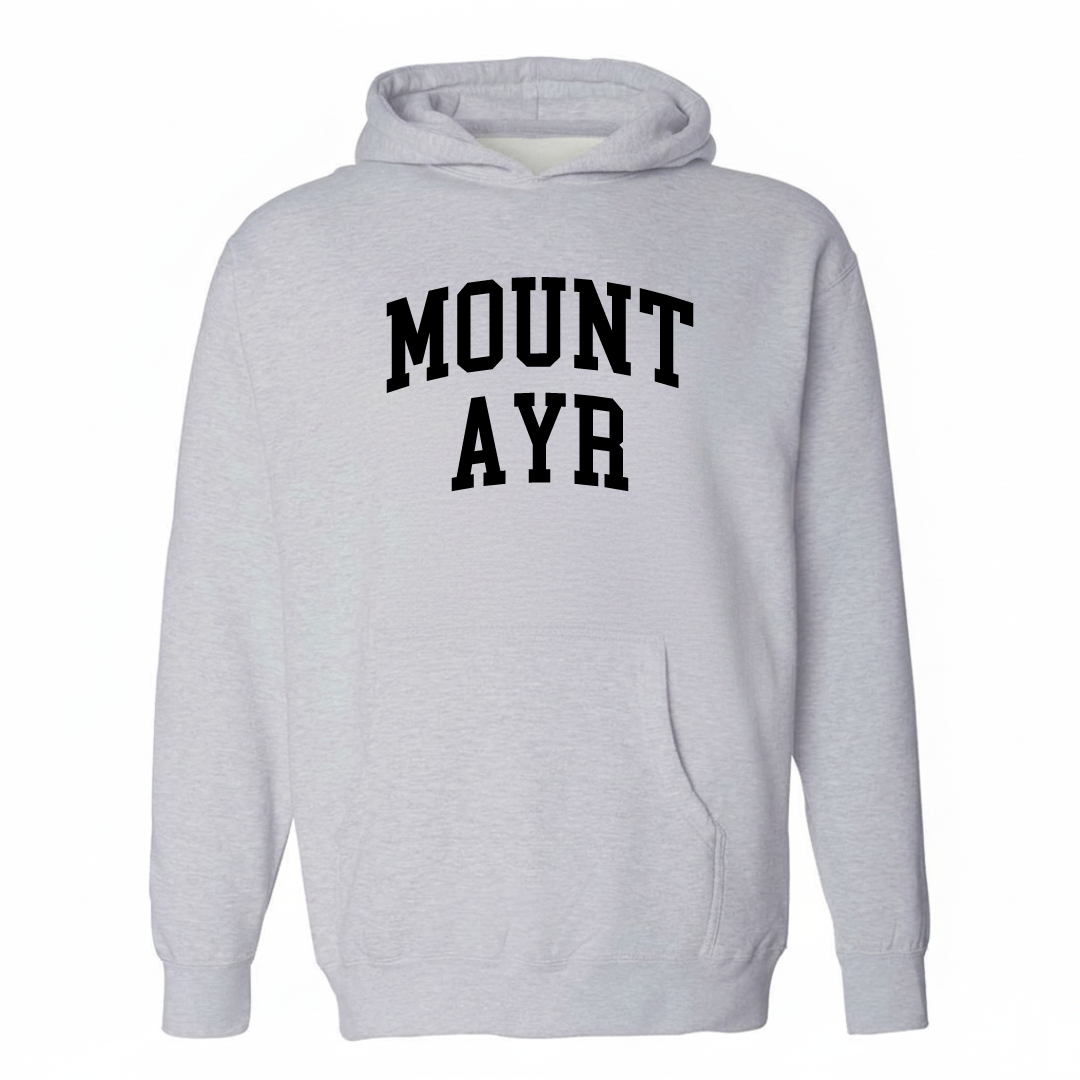 Heather-gray hoodie with the Mount Ayr varsity arched lettering design on the chest.