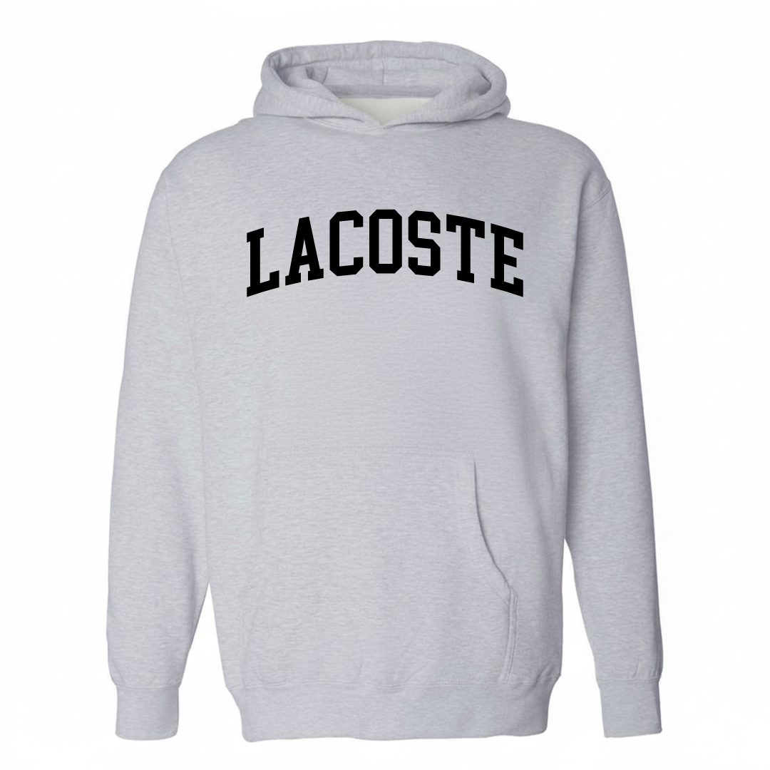 Heather-gray hoodie with the LaCoste arched lettering design on the chest.