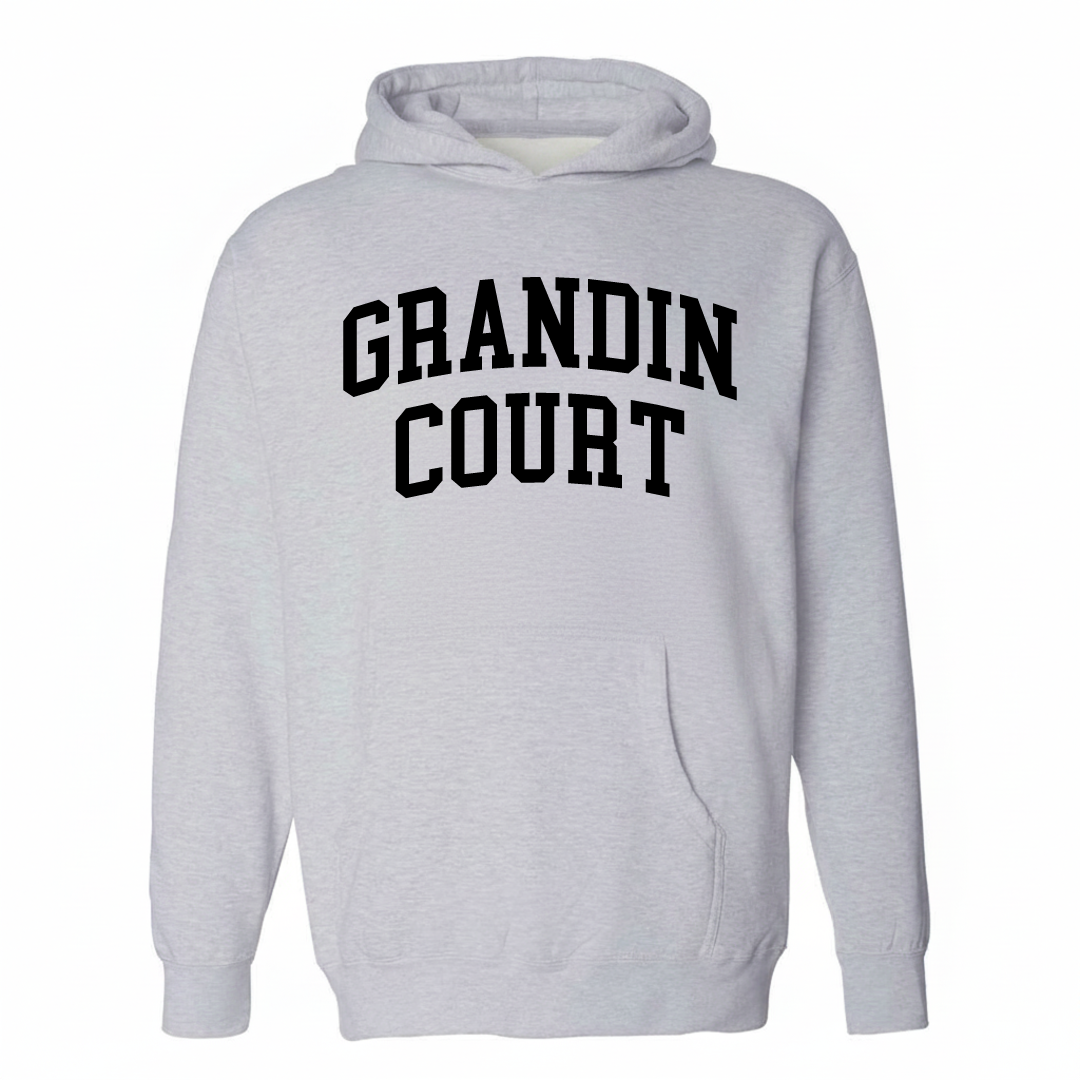 Heather-gray hoodie with the Grandin Court arched lettering design on the chest.