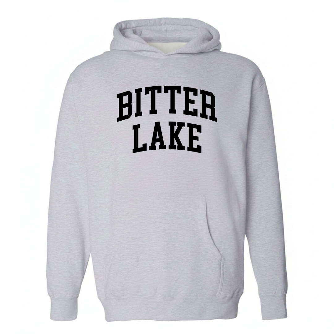 Heather-gray hoodie with the Bitter Lake varsity arched lettering design on the chest.