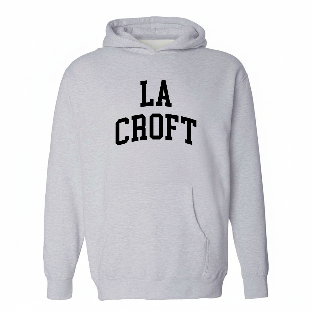 Heather-gray hoodie with the La Croft varsity arched lettering design on the chest.