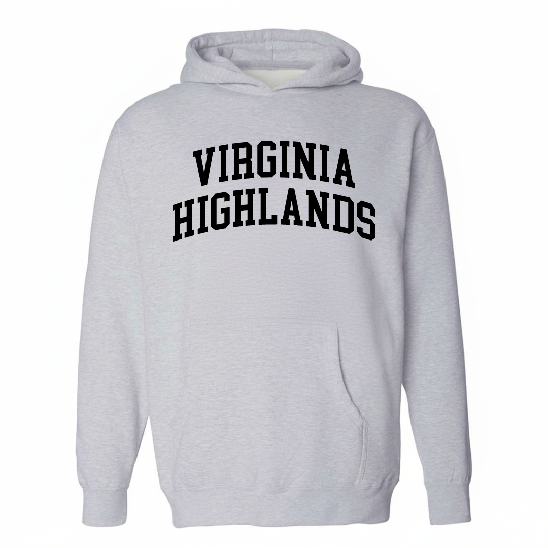 Heather-gray hoodie with the Virginia Highlands arched varsity lettering design on the chest.