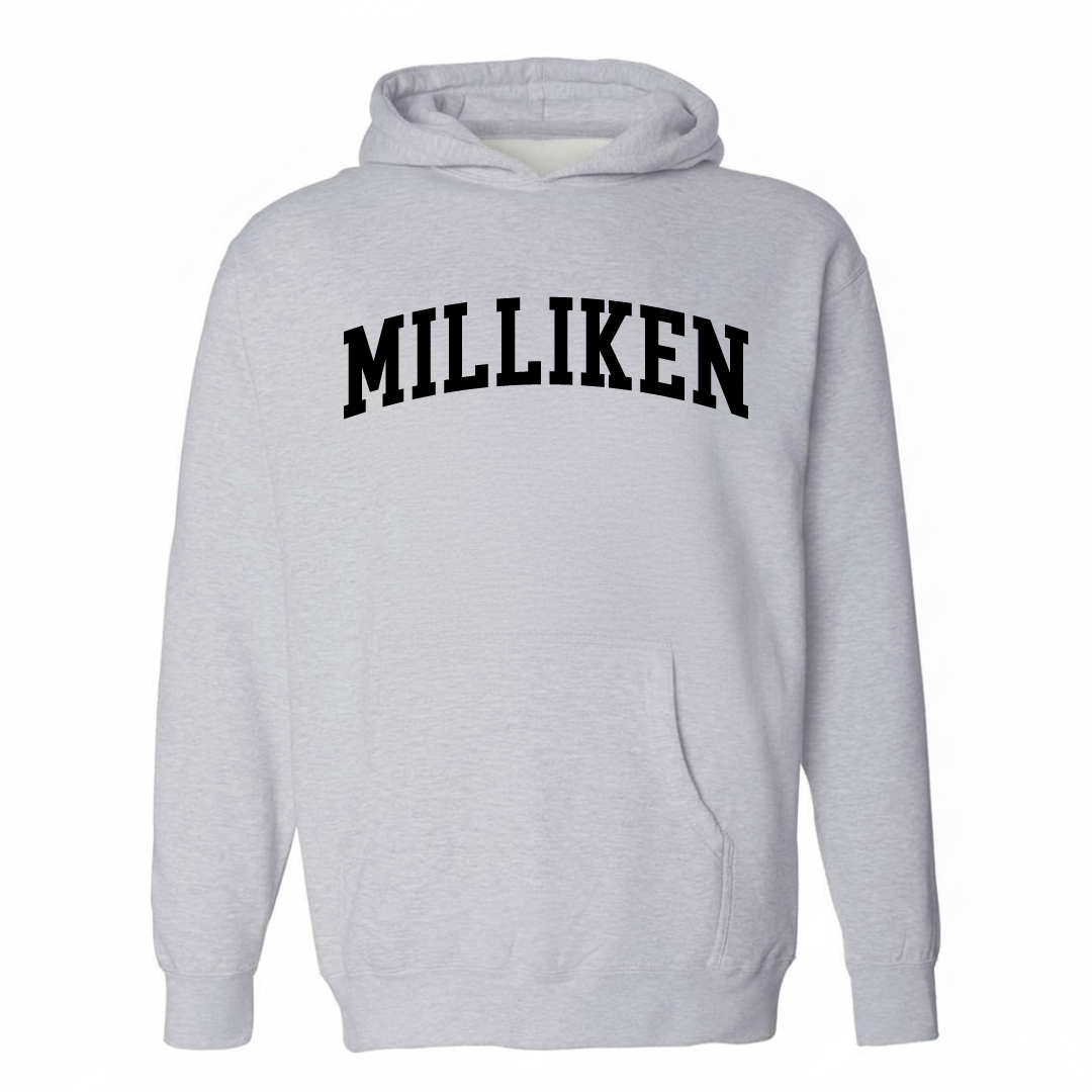 Heather-gray hoodie with the Milliken arched lettering varsity-collegiate design on the chest.
