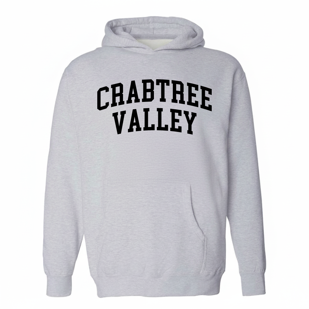 Heather-gray hoodie with the Crabtree Valley arched lettering design on the chest.