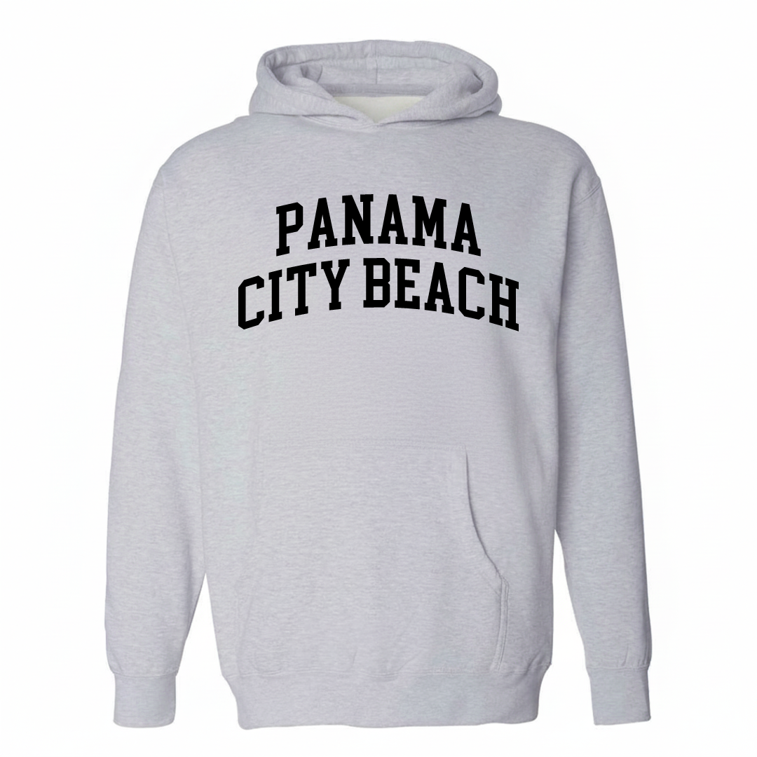 Heather-gray hoodie with the Panama City Beach arched lettering design on the chest.