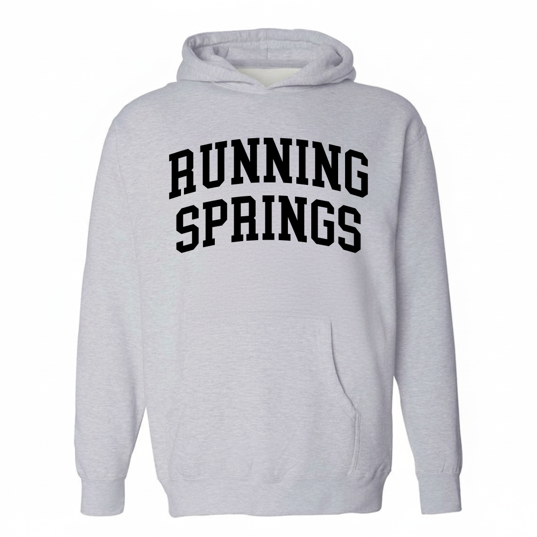 Heather-gray hoodie with the Running Springs varsity arched lettering design on the chest.