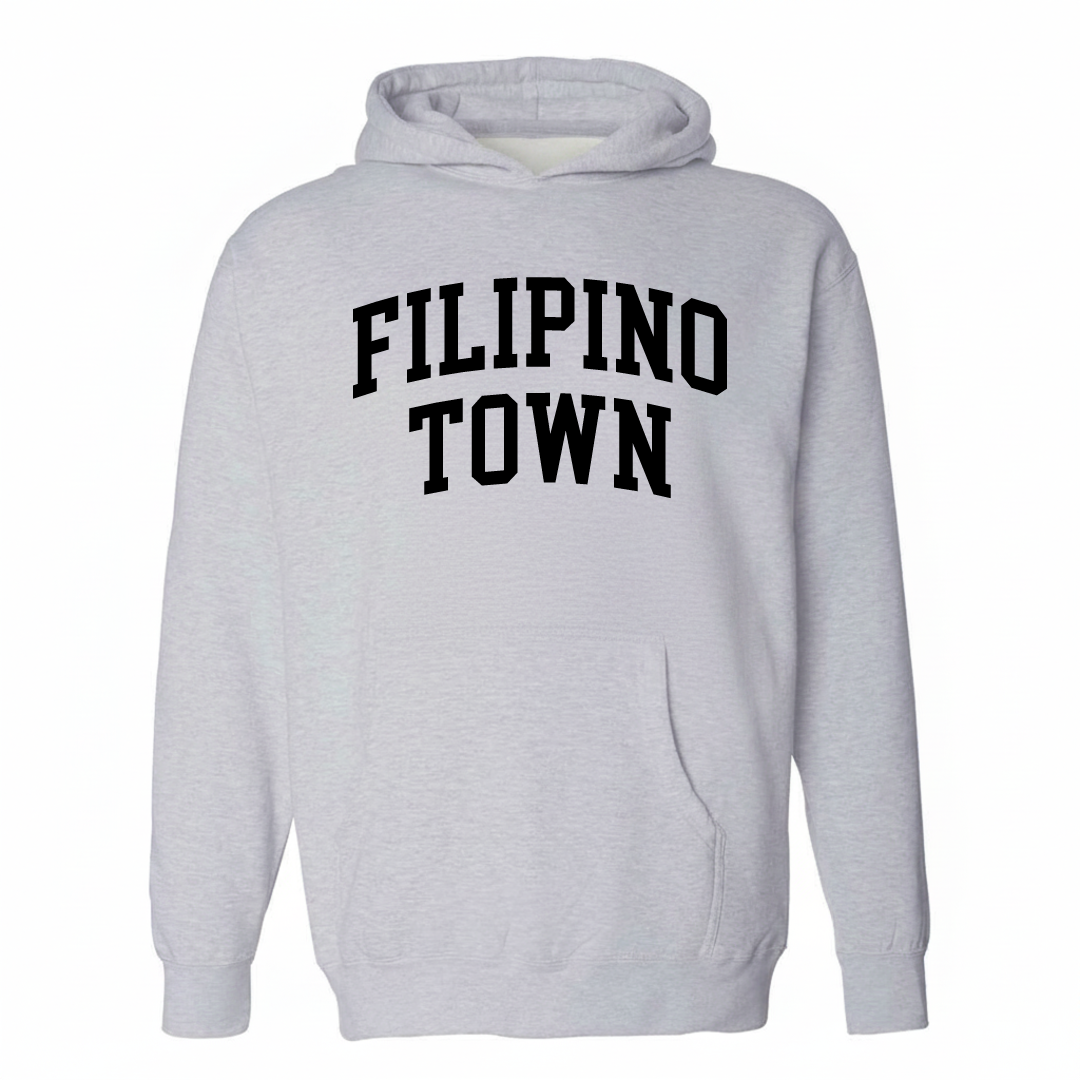 Heather-gray hoodie with the Filipino Town arched varsity lettering design on the chest.