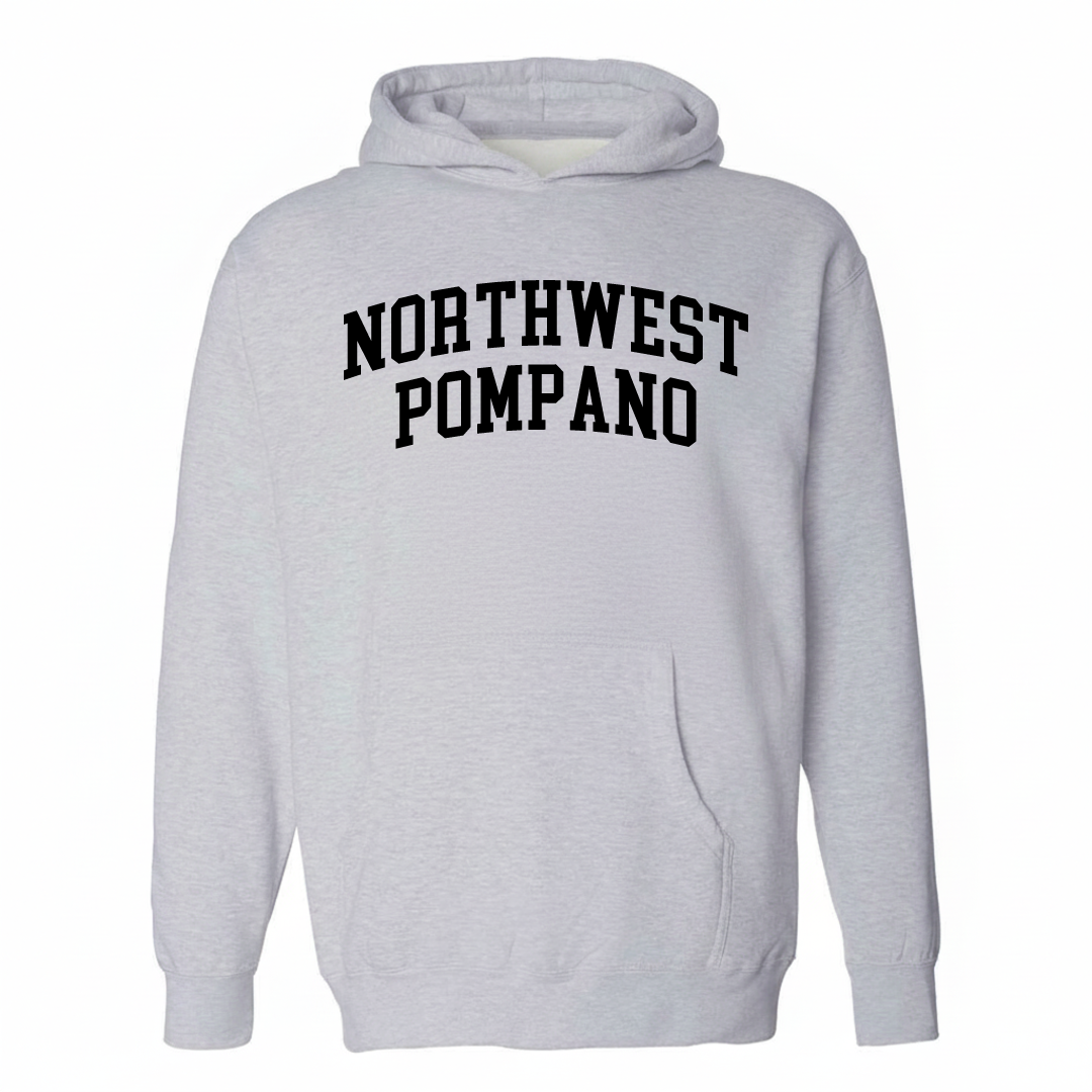 Heather-gray hoodie with the Northwest Pompano varsity arched lettering design on the chest.