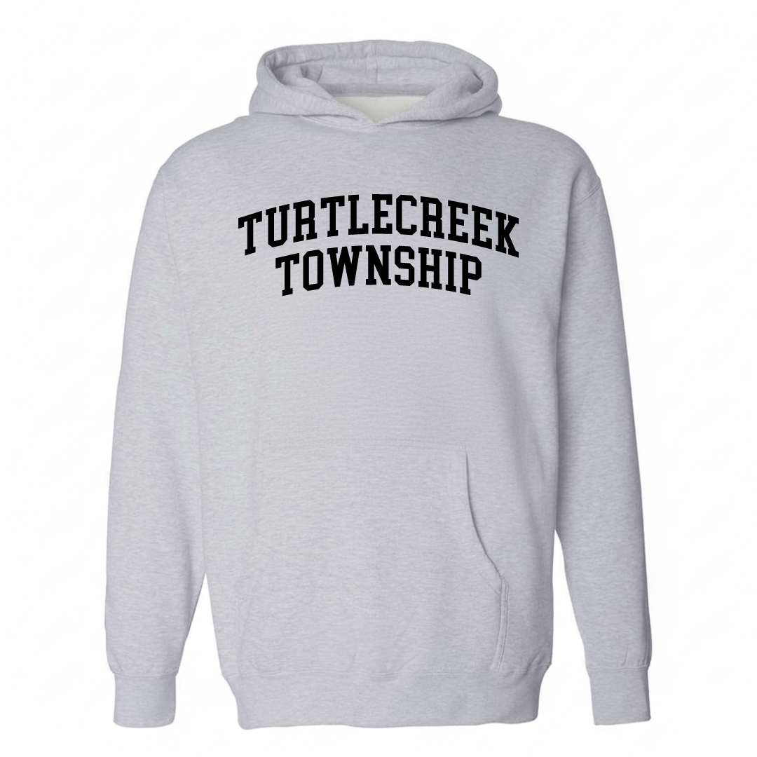 Heather-gray hoodie with the Turtlecreek Township varsity arched lettering design on the chest.