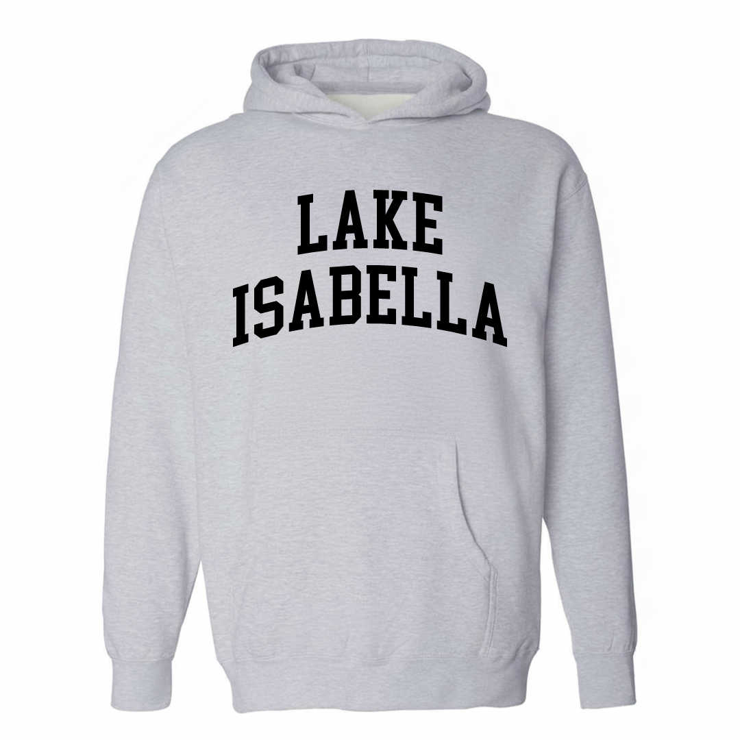 Heather-gray hoodie with the Lake Isabella arched varsity lettering design on the chest.