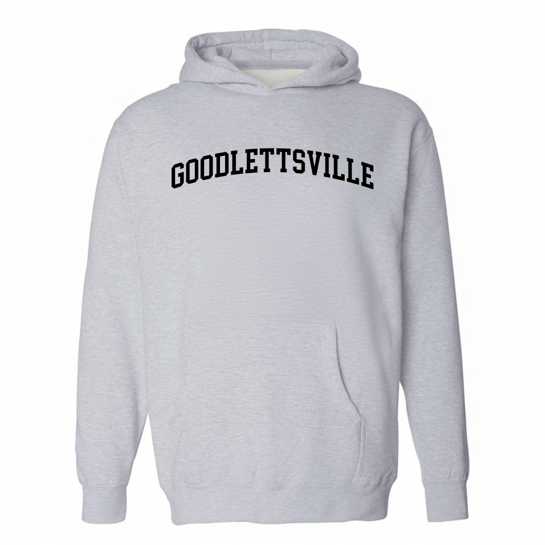 Heather-gray hoodie with the Goodlettsville arched lettering design on the chest.