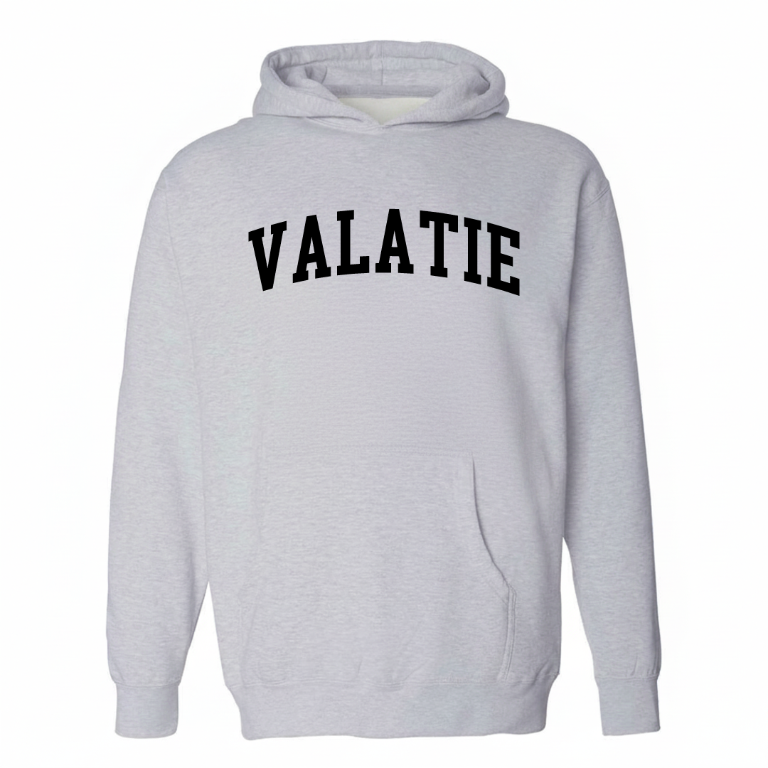Heather-gray hoodie with the Valatie varsity arched lettering design on the chest.