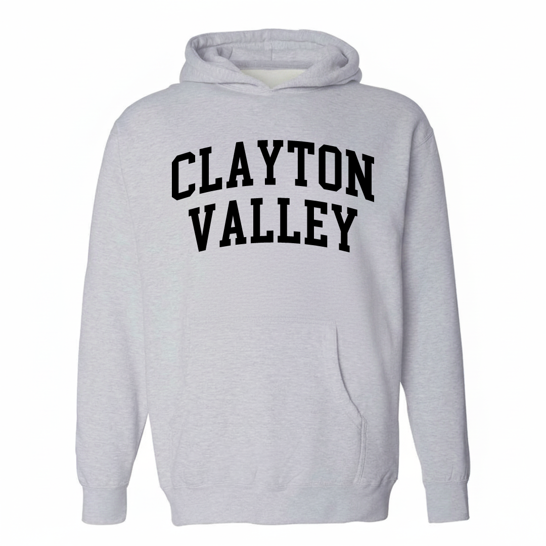 Heather-gray hoodie with the Clayton Valley varsity arched lettering design on the chest.
