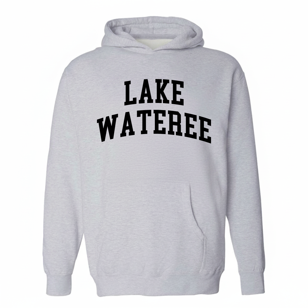 Heather-gray hoodie with the Lake Wateree varsity arched lettering design on the chest.