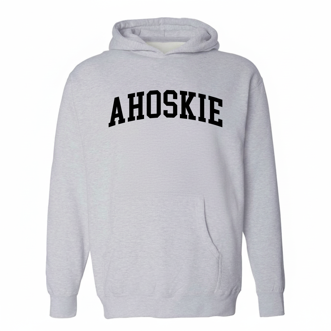 Heather-gray hoodie with the Ahoskie arched lettering varsity-collegiate design on the chest.