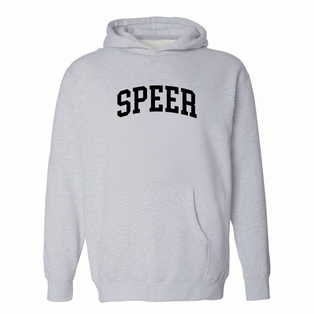 Heather-gray hoodie with the Speer arched lettering design on the chest.