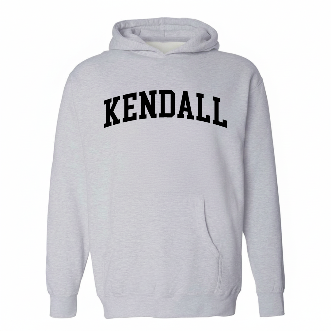 Heather-gray hoodie with the Kendall varsity arched lettering design on the chest.