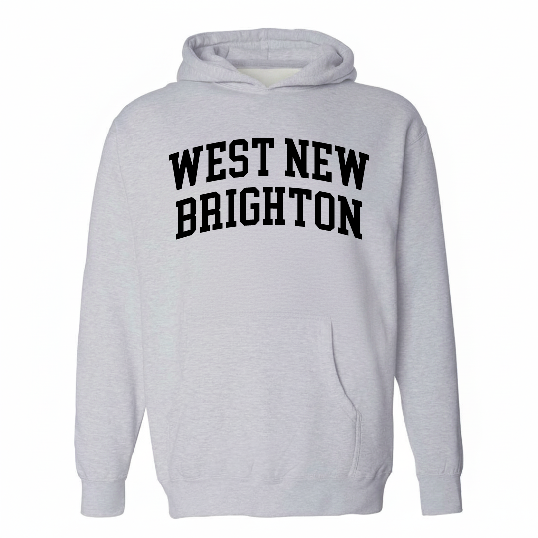 Heather-gray hoodie with the West New Brighton varsity arched lettering design on the chest.
