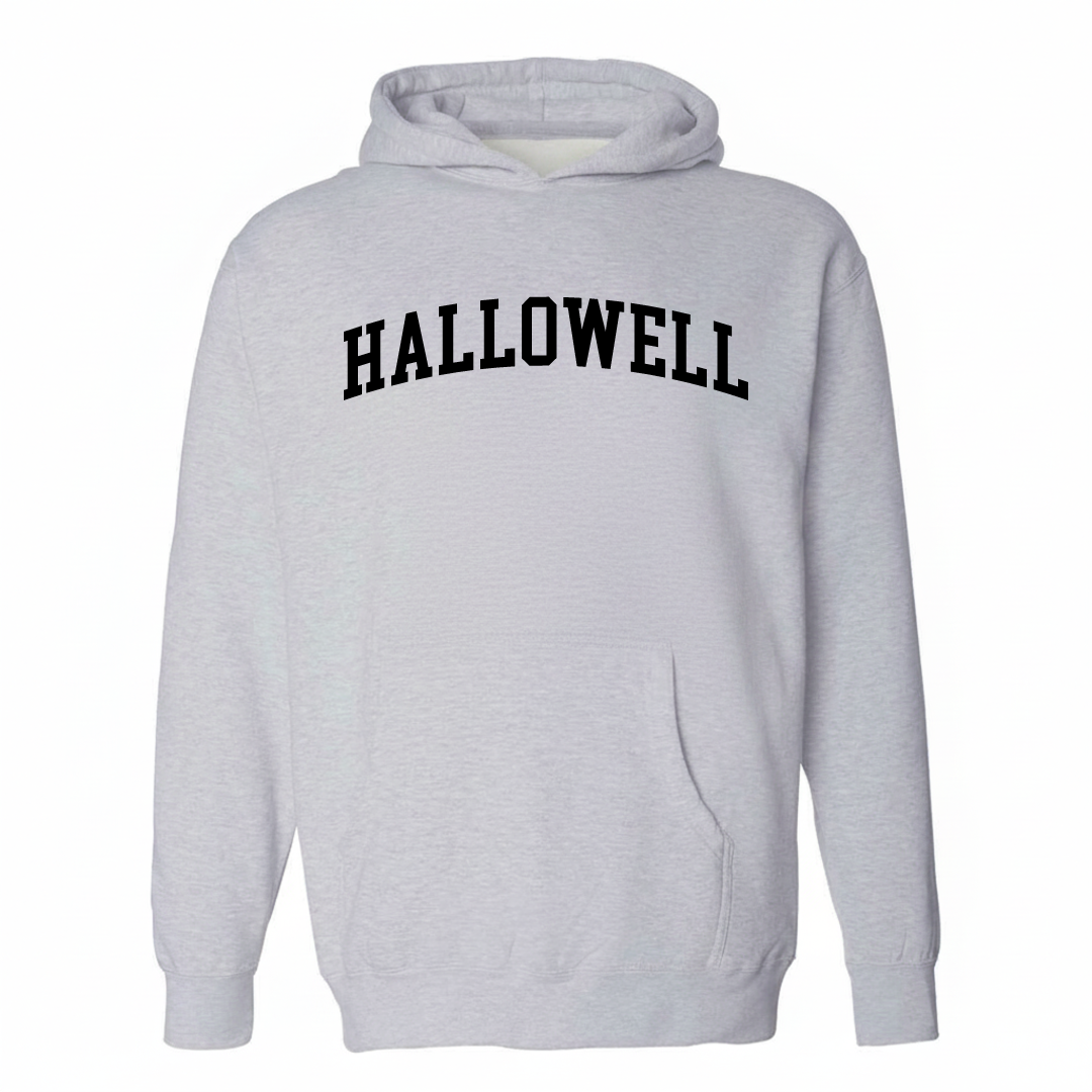 Heather-gray hoodie with the Hallowell varsity arched lettering design on the chest.