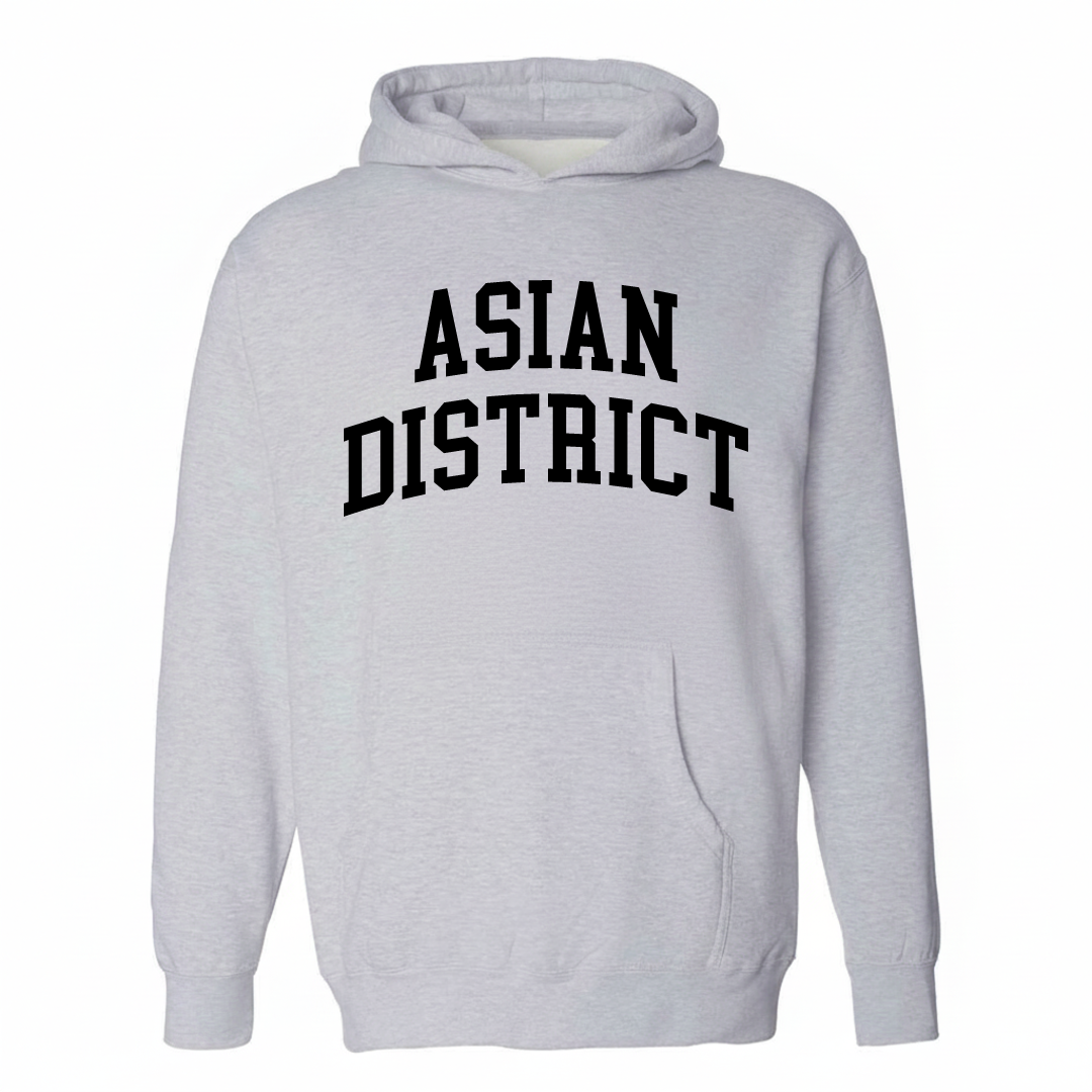 Heather-gray hoodie with the Asian District arched lettering design on the chest.