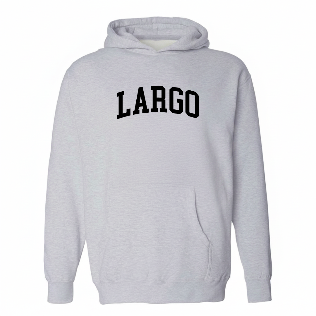 Heather-gray hoodie with the Largo varsity arched lettering design on the chest.