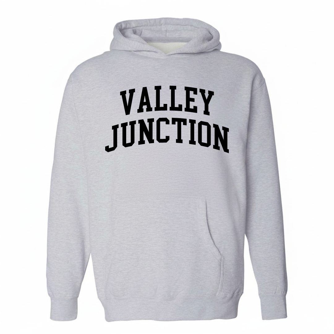 Heather-gray hoodie with the Valley Junction arched lettering design on the chest.