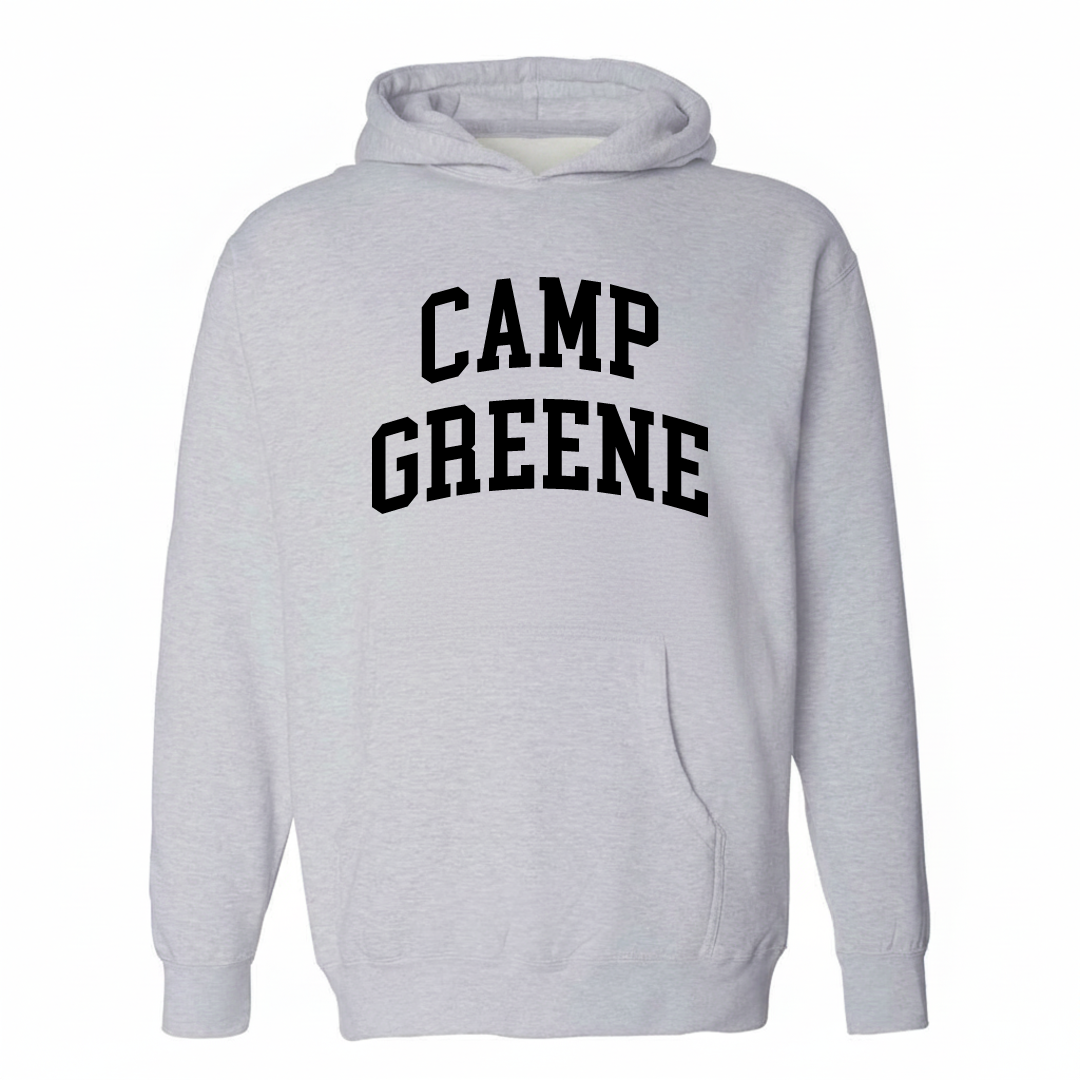 Heather-gray hoodie with the Camp Greene varsity arched lettering design on the chest.
