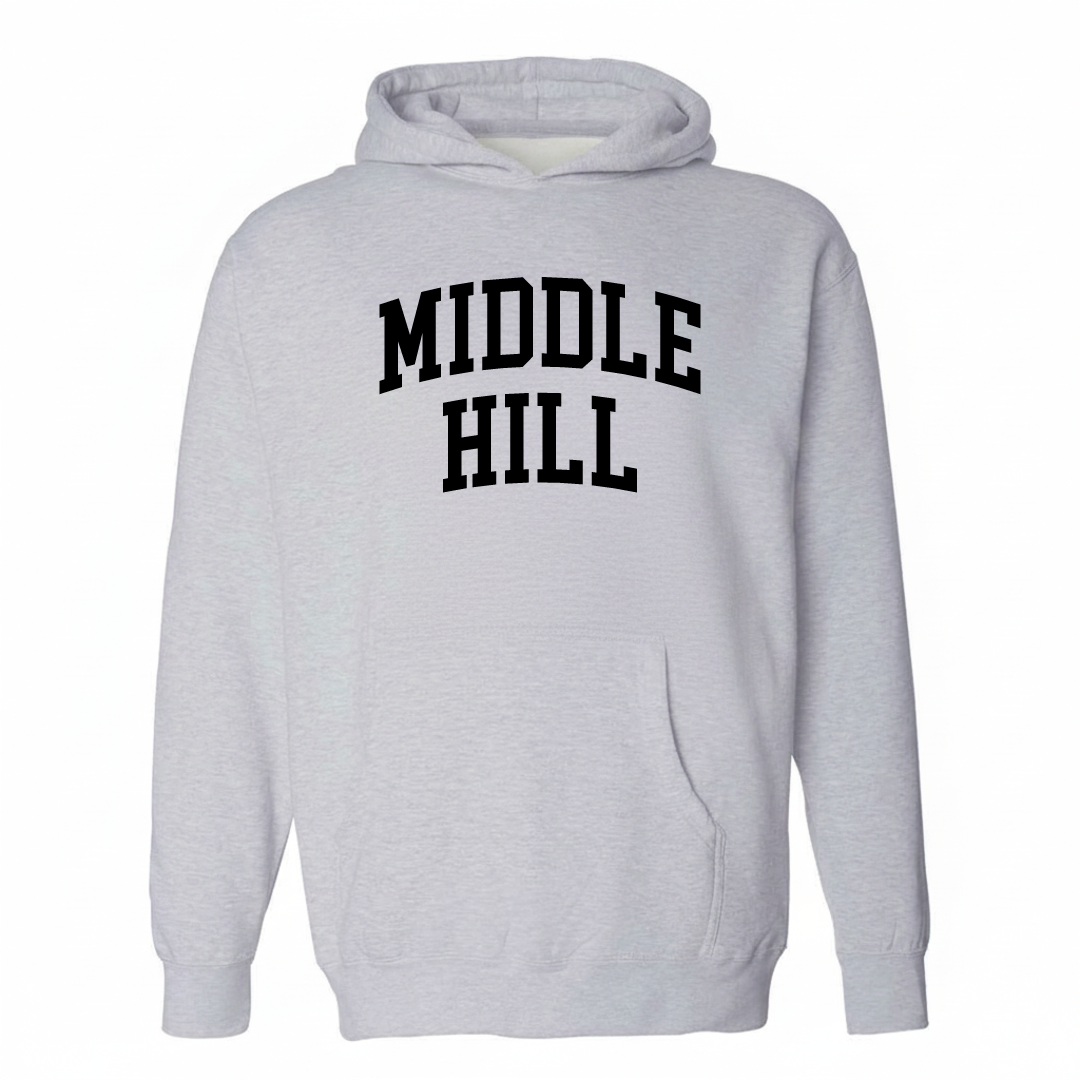 Heather-gray hoodie with the Middle Hill arched lettering design on the chest.