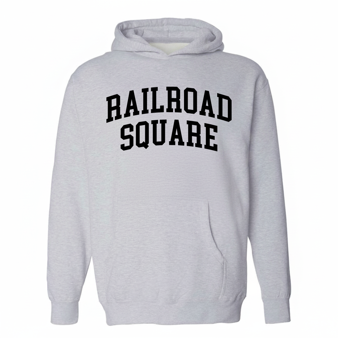 Heather-gray hoodie with the Railroad Square varsity arched lettering design on the chest.