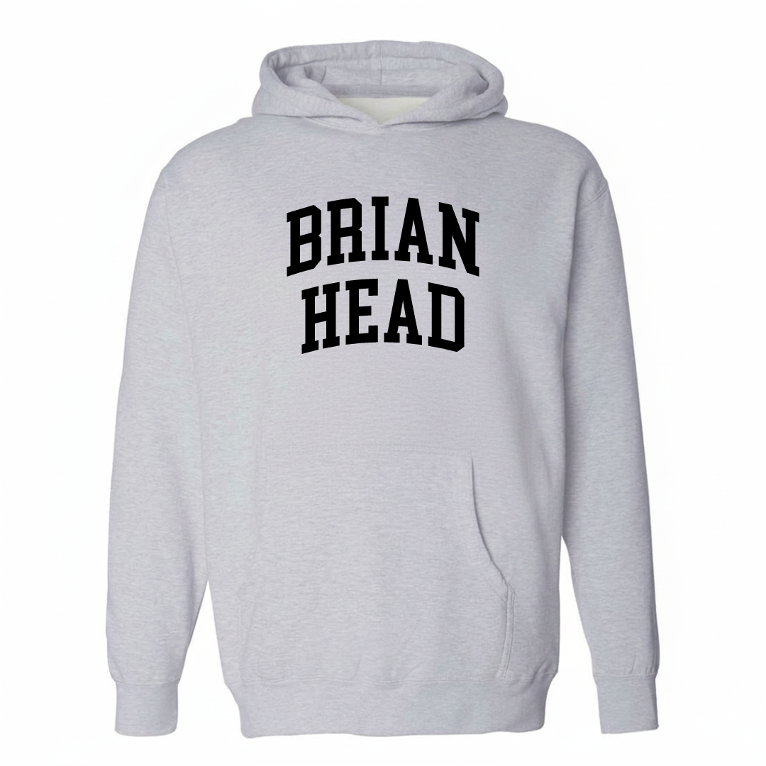 Heather-gray hoodie with the Brian Head arched varsity lettering design on the chest.
