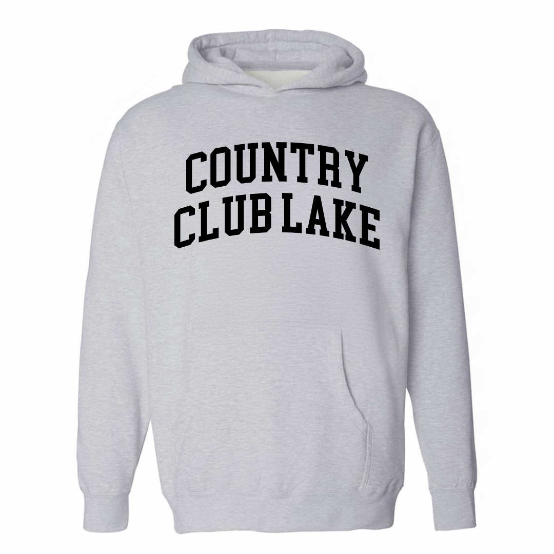 Heather-gray hoodie with the Country Club Lake varsity arched lettering design on the chest.