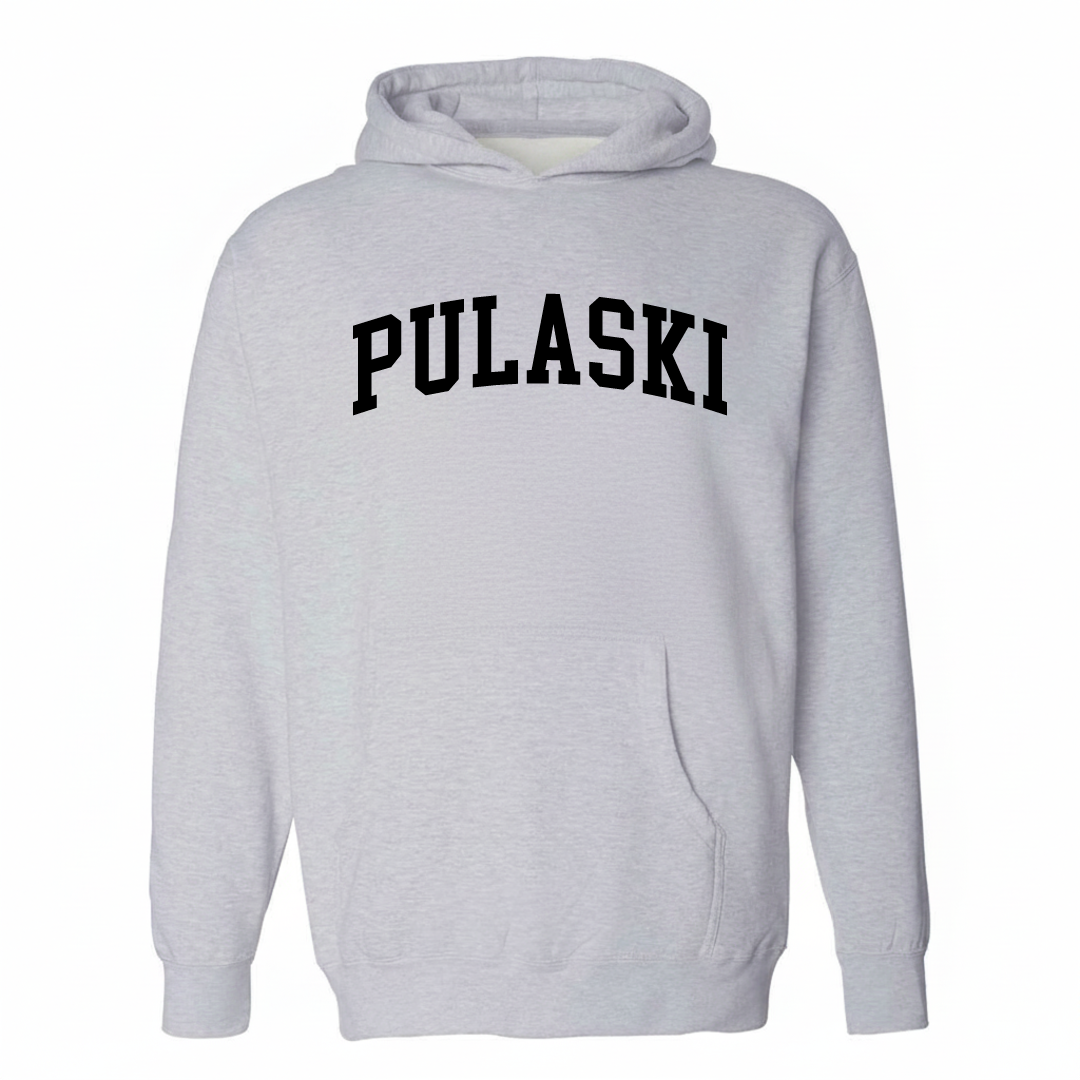 Heather-gray hoodie with the Pulaski varsity arched lettering design on the chest.