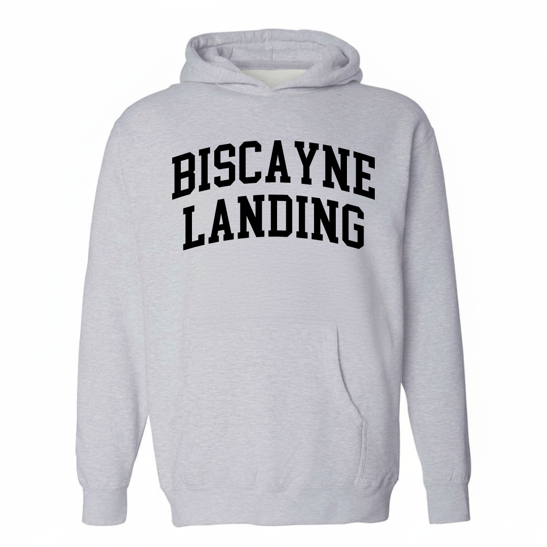 Heather-gray hoodie with the Biscayne Landing varsity arched lettering design on the chest.