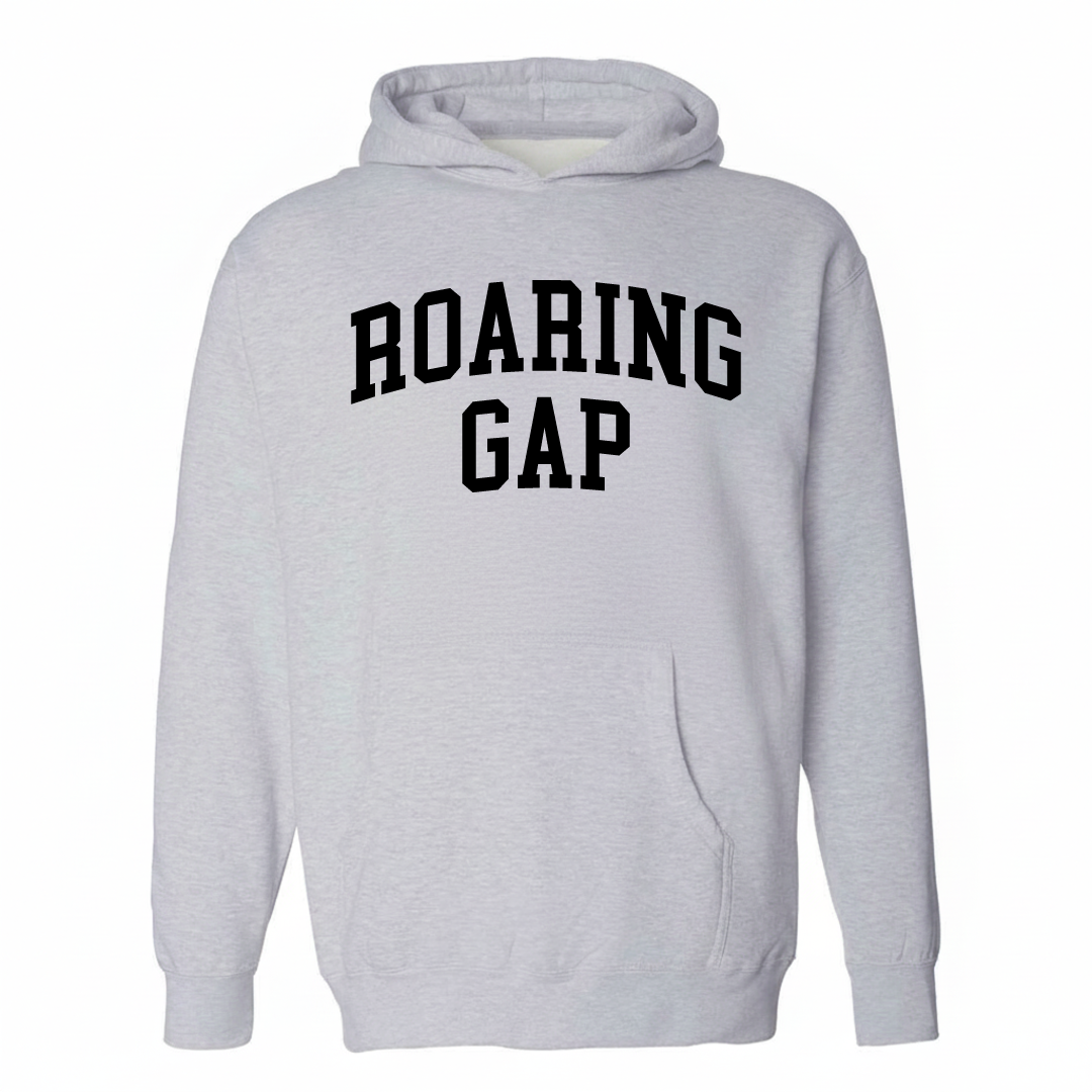 Heather-gray hoodie with the Roaring Gap varsity arched lettering design on the chest.