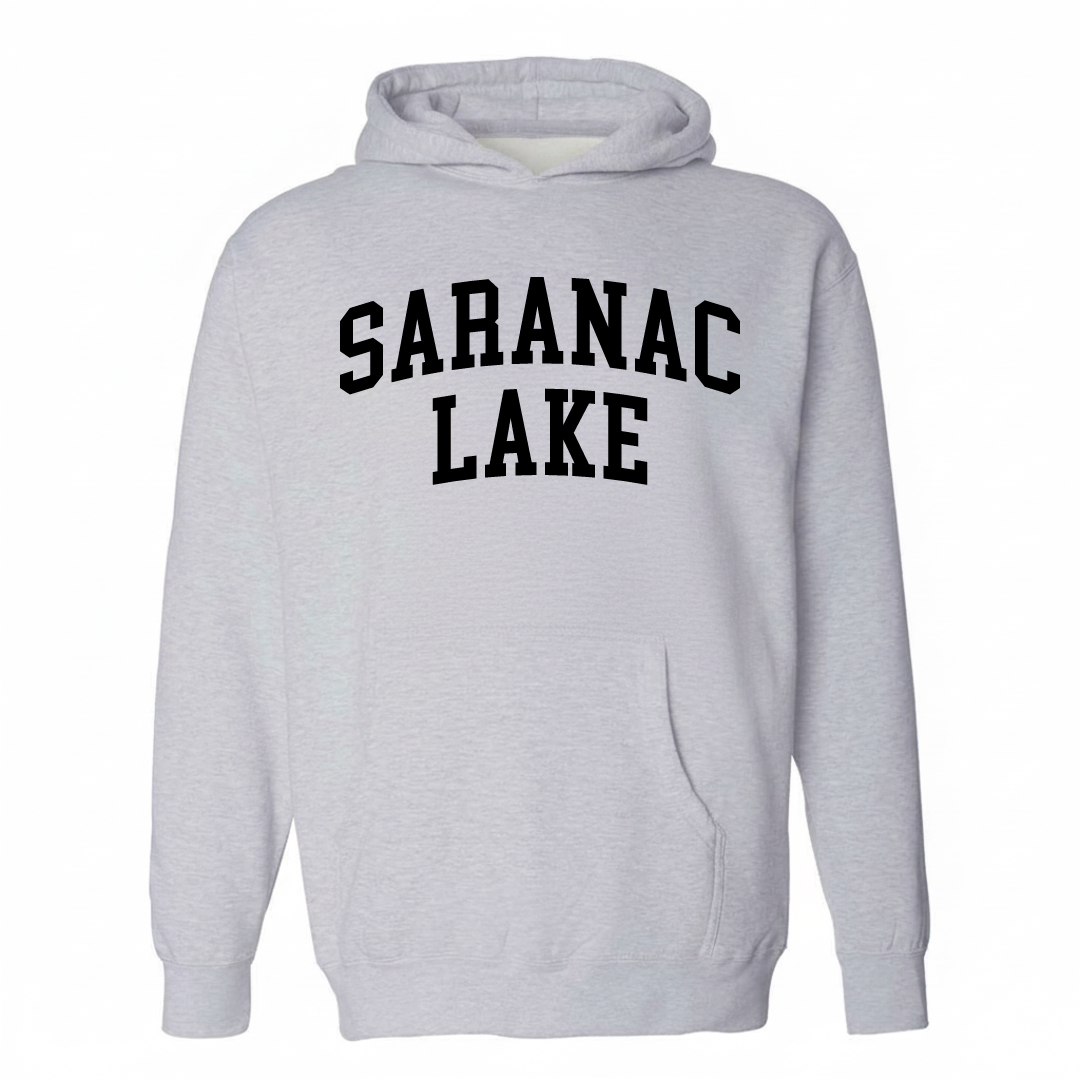 Heather-gray hoodie with the Saranac Lake varsity arched lettering design on the chest.